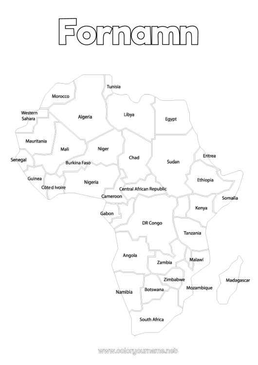 Färgläggningssida att skriva ut Geografi Egypten Afrika Världskarta Världskarta