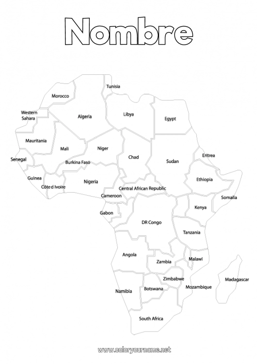 Dibujo para colorear para imprimir Geografía Egipto África Mapa del mundo Mapa de continentes