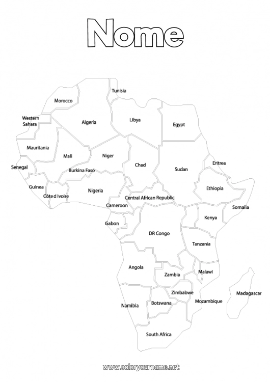 Página de desenho para imprimir Geografia Egito África Mapa do Mundo Mapa dos continentes