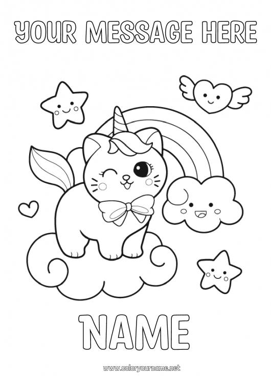 Coloring page to print Cat Kawaii Unicorn Animal Rainbow Dog and cat Dragons, unicorns and fantastic animals