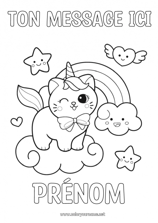 Coloriage à imprimer Chat Kawaii Licorne Animal Arc en ciel Chiens et chats Dragons, licornes et animaux fantastiques