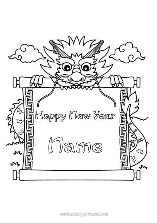 Colouring page to print Dragon Animal Chinese New Year Dragons, Unicorns, And Fantastical Creatures Sign