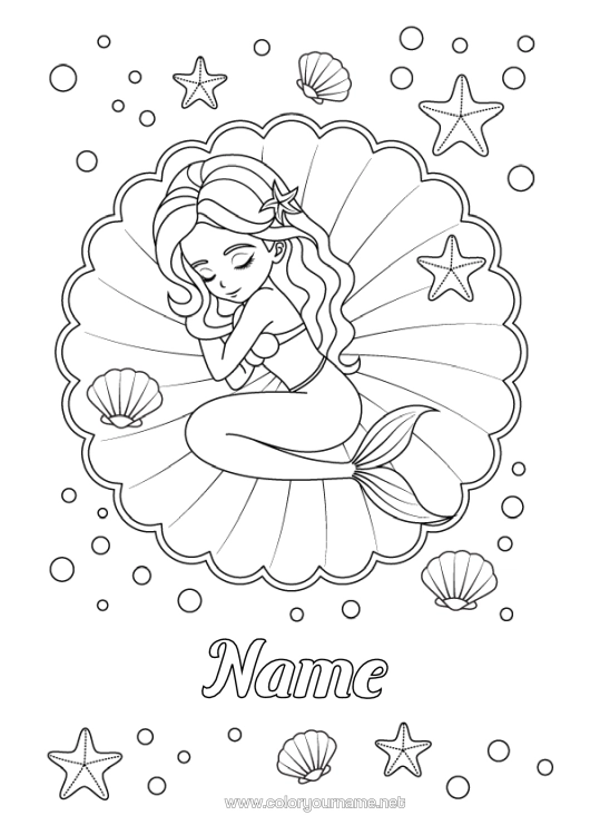 Colouring page to print Sea Siren Shellfish Starfish Marine Or Aquatic Animals