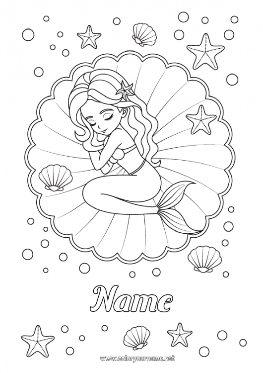 Coloring page to print Sea Mermaid Sea Shell Starfish Marine or aquatic animals