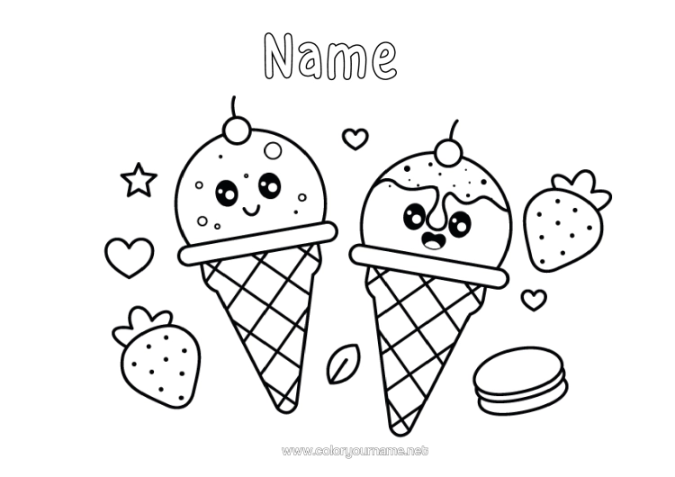 Colouring page to print Cute Fruit Treats, Sweets Ice Cream Strawberry Macaron