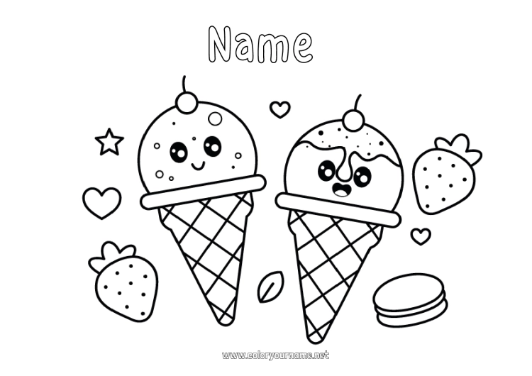 Coloring page to print Kawaii Fruits Treats Ice cream Strawberry Macaron