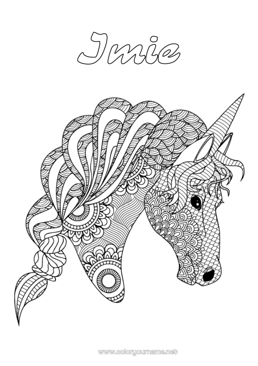 Kolorowanka do wydruku Jednorożec Koń Zwierzę Złożone kolorowanki Zentangle Smoki, jednorożce i fantastyczne zwierzęta Zwierzęta gospodarskie