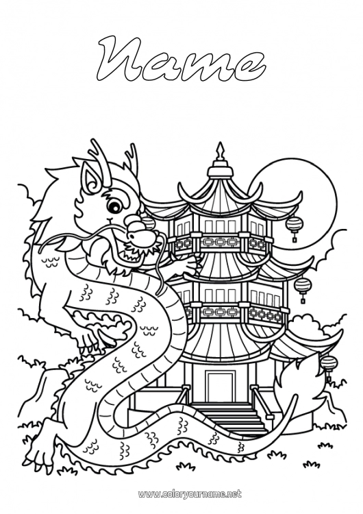 Coloring page to print Dragon Chinese New Year China Dragons, unicorns and fantastic animals Pagoda