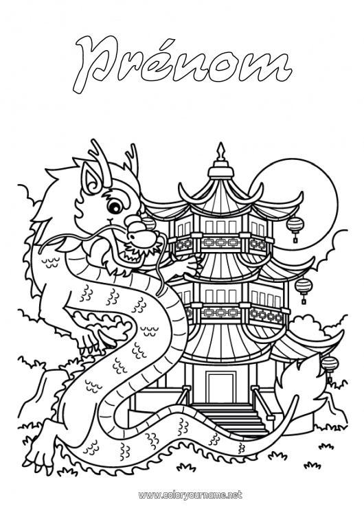 Coloriage à imprimer Dragon Nouvel An chinois Chine Dragons, licornes et animaux fantastiques Pagode