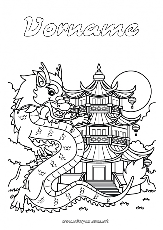 Malvorlage zum Ausdrucken Drache Chinesisches Neujahr China Drachen, Einhörner und fantastische Tiere Pagode