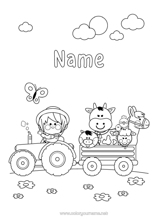 Colouring page to print Sheep Pig Vehicles Animal Cow Tractor Farm Vehicles Farm Farm Animals Farmer Farm Jobs