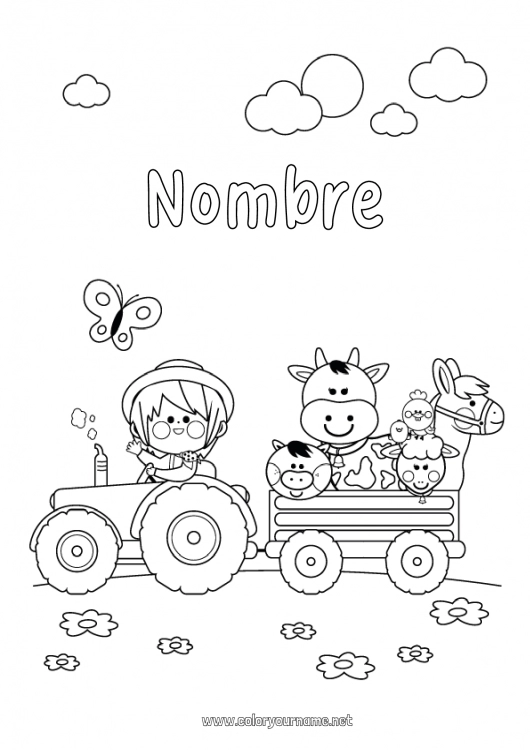 Dibujo para colorear para imprimir Ovejas Cerdo Vaca Tractor Vehículos agrícolas Granja Animales de granja Agricultor Oficios de la Granja