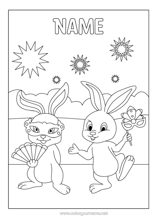 Colouring page to print Mask Rabbit Animal Carnival Mardi Gras Forest Animals