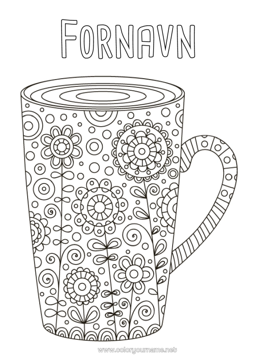Farvelægningssiden til udskrivning Blomster Kop Drik Zentangle