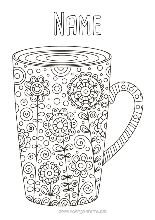 Colouring page to print Flowers Mug Drink Zentangle