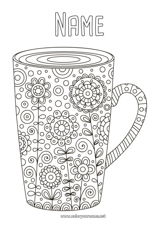 Coloring page to print Flowers Mug Drinks Zentangle