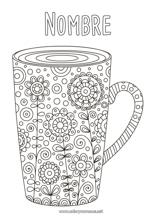 Dibujo para colorear para imprimir Flores Taza Bebidas Zentangle