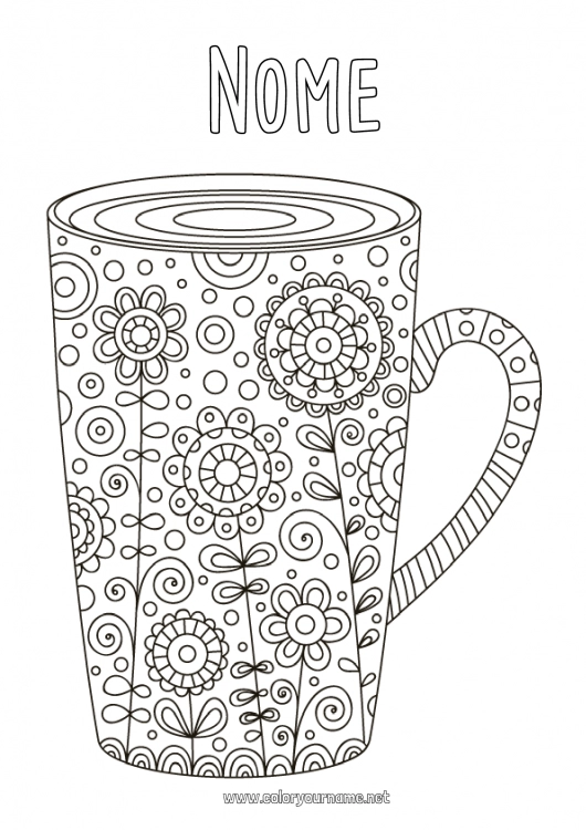 Pagina da colorare da stampare Fiori Tazza Bevanda Zentangle