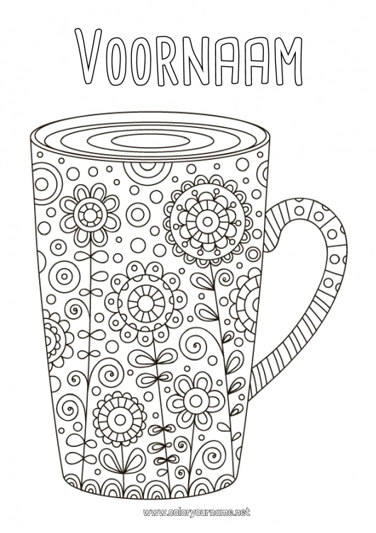 Kleurplaat om af te drukken Bloemen Mok Drankje Zentangle