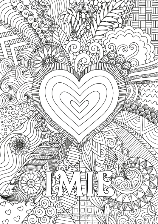 Kolorowanka do wydruku Serce Wszystkiego najlepszego! Kocham cię. Wielkie serce Złożone kolorowanki Zentangle
