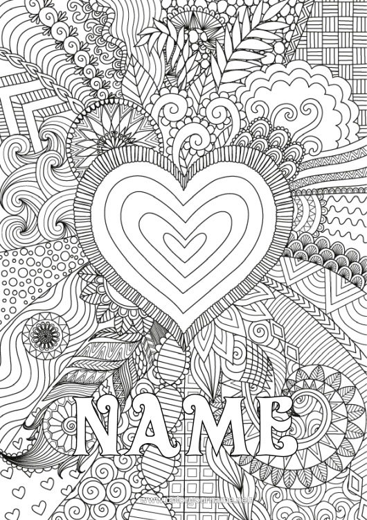 Colouring page to print Heart Happy Birthday I Love You. Big Heart Complex Colouring Pages Zentangle