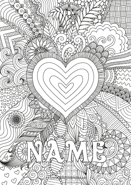 Coloring page to print Heart Happy feast day ! I love you Big heart Complex coloring pages Zentangle