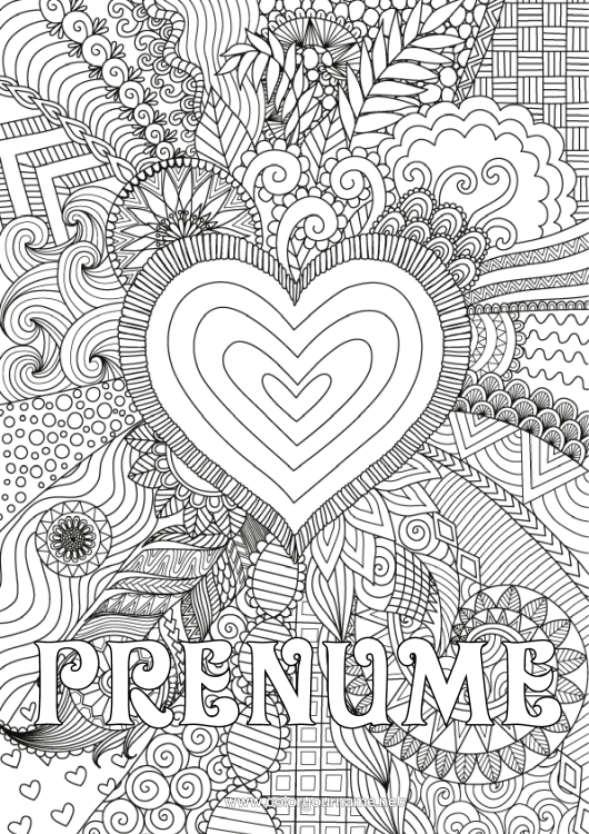 Pagină de colorat de imprimat Inimă La mulți ani! Te iubesc. Inimă mare Desene de colorat complexe Zentangle