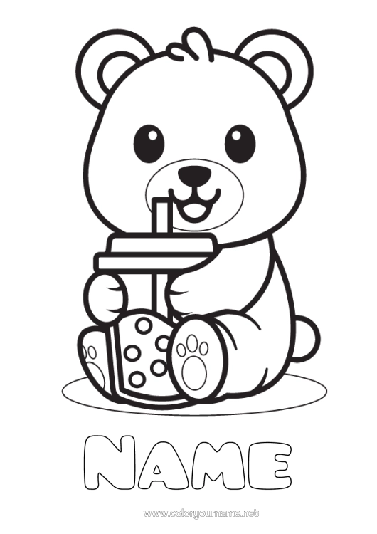 Colouring page to print Bear Cute Animal Teddy Bear Drink Easy Colouring Pages Forest Animals Bubble Tea