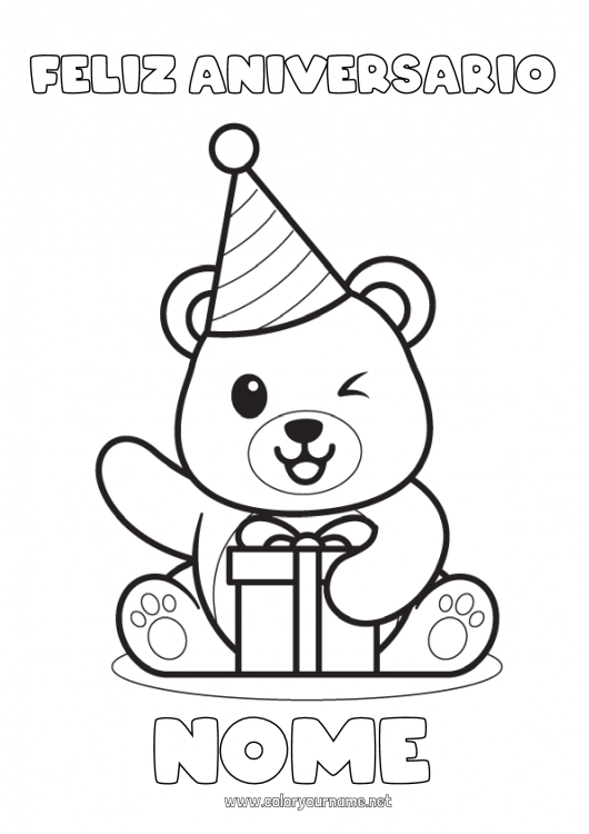 Página de desenho para imprimir Urso Fofo Presentes Aniversário Kawaii Festa Animal Filhote de urso Desenhos para colorir fáceis Animais da floresta