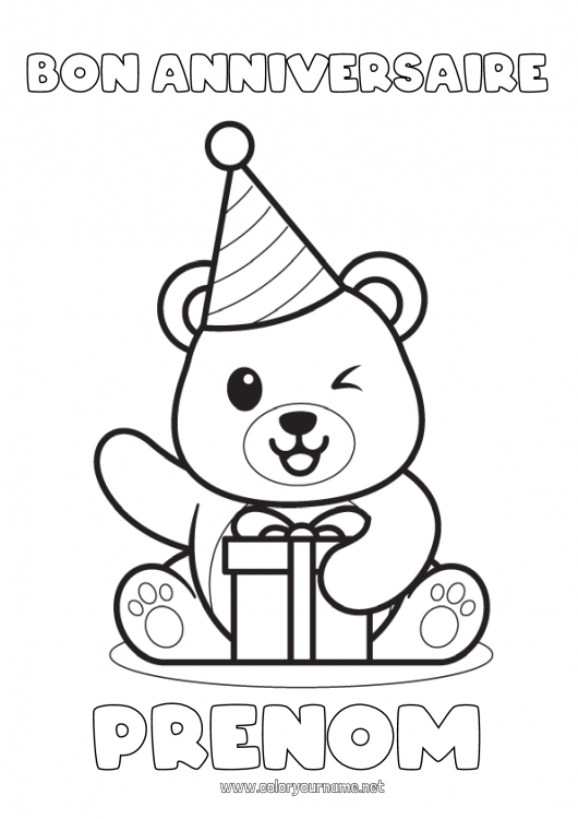 Coloriage à imprimer Ours Mignon Cadeaux Anniversaire Kawaii Fête Animal Ourson Coloriages faciles Animaux de la forêt