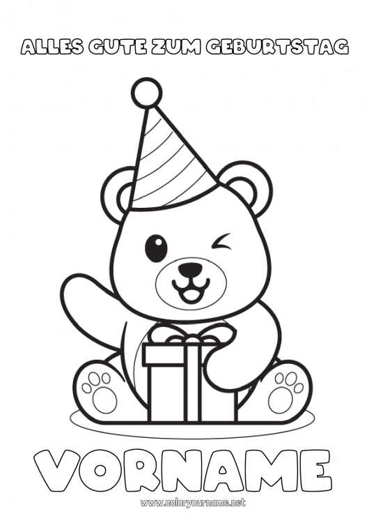 Malvorlage zum Ausdrucken Bär Niedlich Geschenke Geburtstag Kawaii Fest Tier Teddybär Einfache Ausmalbilder Waldtiere