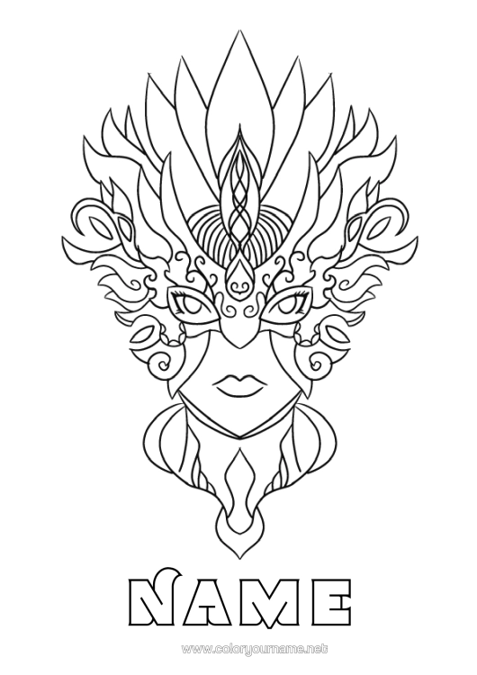 Colouring page to print Mask Carnival Mardi Gras Feather