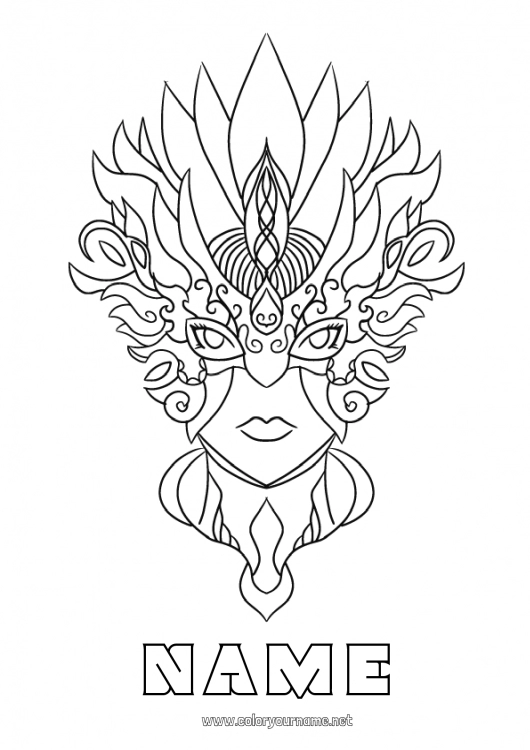 Coloring page to print Mask Carnival Shrove Tuesday Feather