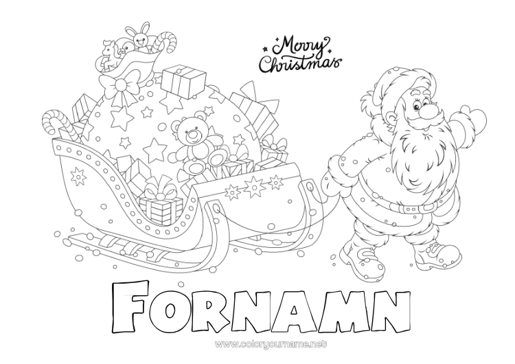 Färgläggningssida att skriva ut Gåvor Jultomten Släde Jul Fläkt Spel och leksaker God Jul! Gosedjur