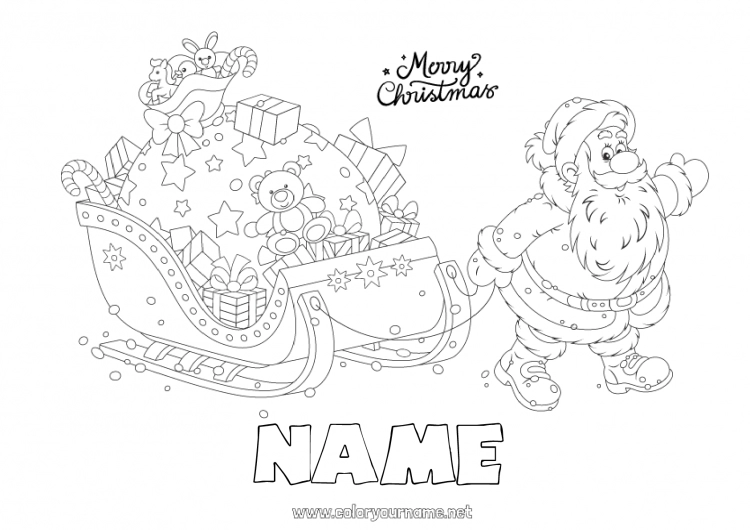 Coloring page to print Gifts Santa Claus Sleigh Christmas Hood Games and toys “Merry Christmas” message Plush