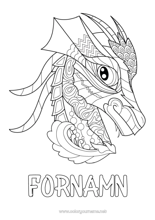 Färgläggningssida att skriva ut Drake Djur Zentangle Drakar, enhörningar och fantastiska djur Huvud