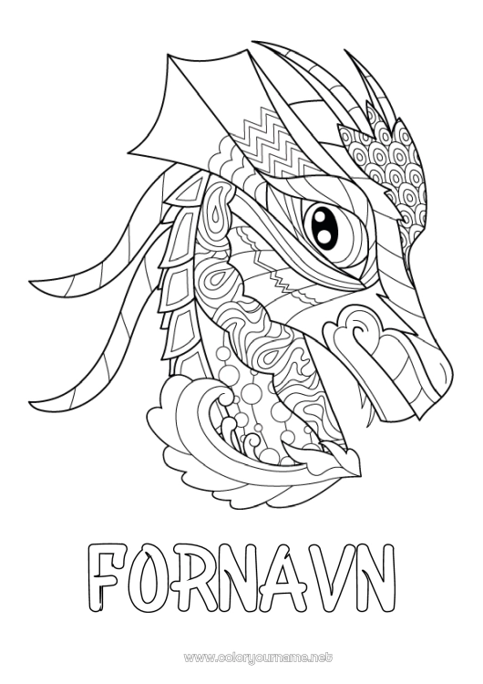 Farvelægningssiden til udskrivning Drage Dyr Zentangle Drager, enhornede heste og fantastiske dyr Hoved