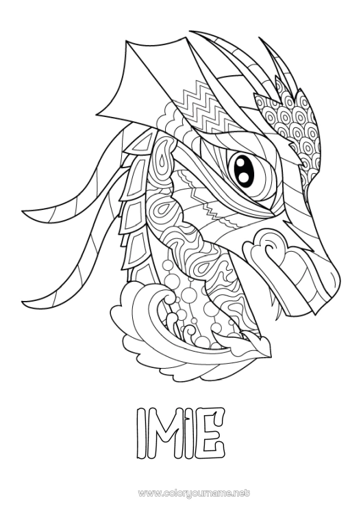 Kolorowanka do wydruku Smok Zwierzę Zentangle Smoki, jednorożce i fantastyczne zwierzęta Głowa