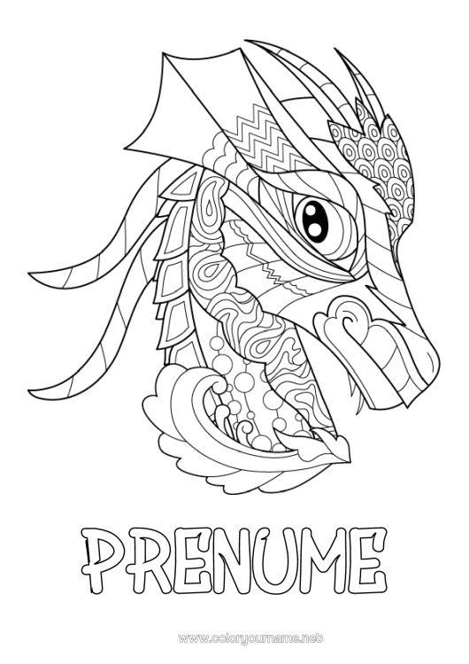 Pagină de colorat de imprimat Dragon Animal Zentangle Dragoni, unicorni și animale fantastice Cap