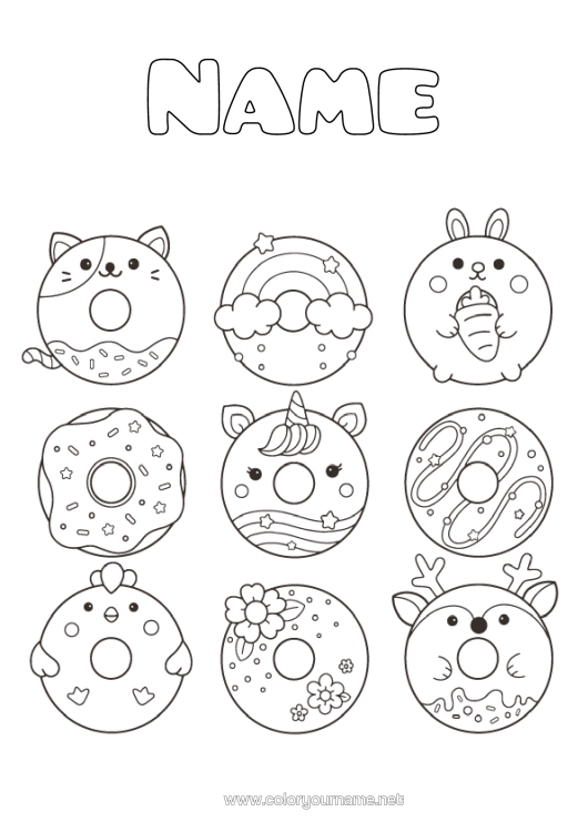Colouring page to print Cat Cute Unicorn Rabbit Animal Rainbow Doughnuts Treats, Sweets Dogs And Cats Dragons, Unicorns, And Fantastical Creatures Forest Animals Deer