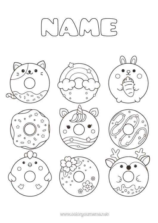 Coloring page to print Cat Kawaii Unicorn Bunny Animal Rainbow Donuts Treats Dog and cat Dragons, unicorns and fantastic animals Forest animals Deer