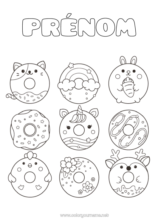 Coloriage à imprimer Chat Kawaii Licorne Lapin Animal Arc en ciel Donuts Gourmandises, sucreries Chiens et chats Dragons, licornes et animaux fantastiques Animaux de la forêt Cerf