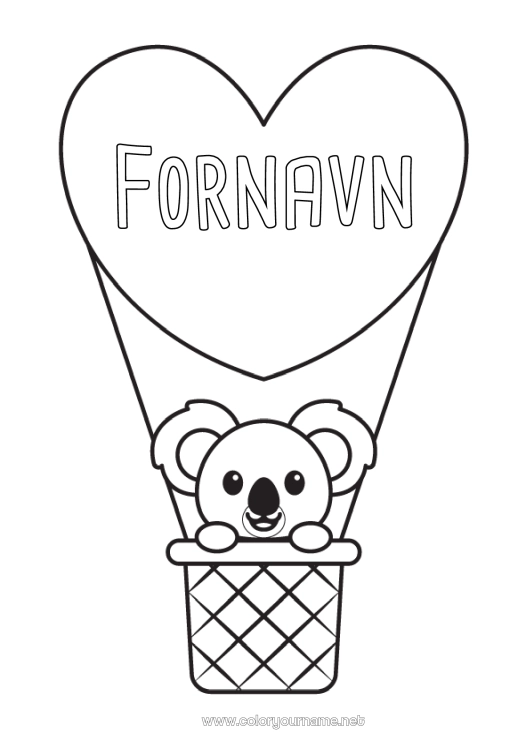 Farvelægningssiden til udskrivning Hjerte Dyr Koala Luftballon Andre dyr i verden Luftfartøjer