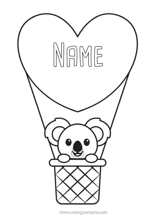 Colouring page to print Heart Animal Koala Hot Air Balloon Other Animals Of The World Aerial Vehicles Animals Of Australia