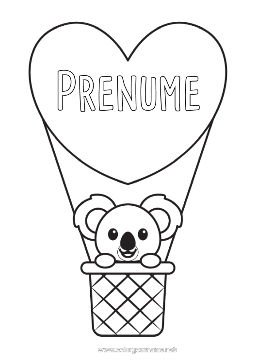 Pagină de colorat de imprimat Inimă Animal Koala Balon cu aer cald Alte animale din lume Vehicule aeriene