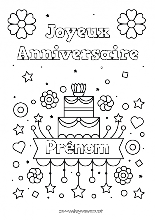 Coloriage à imprimer Gâteau Anniversaire Joyeux anniversaire (français) Message