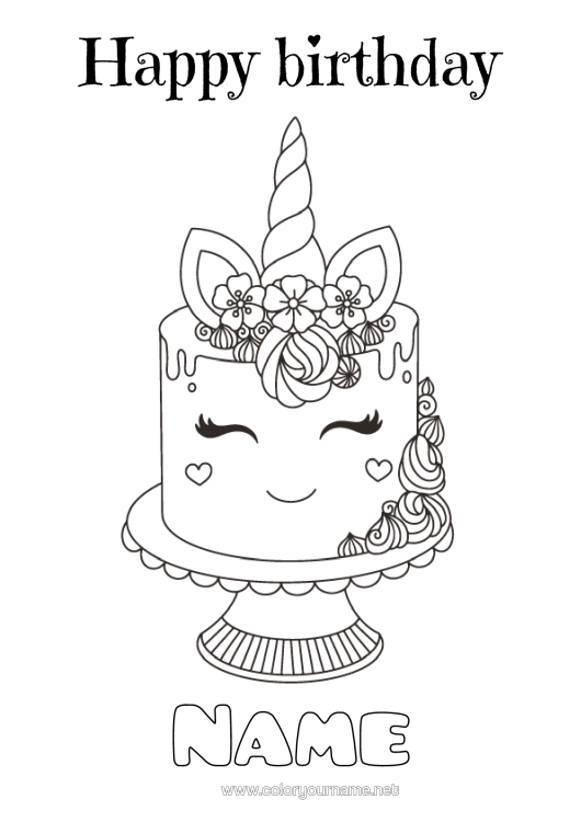 Colouring page to print Cake Birthday Cute Unicorn Animal Happy Birthday Message Dragons, Unicorns, And Fantastical Creatures
