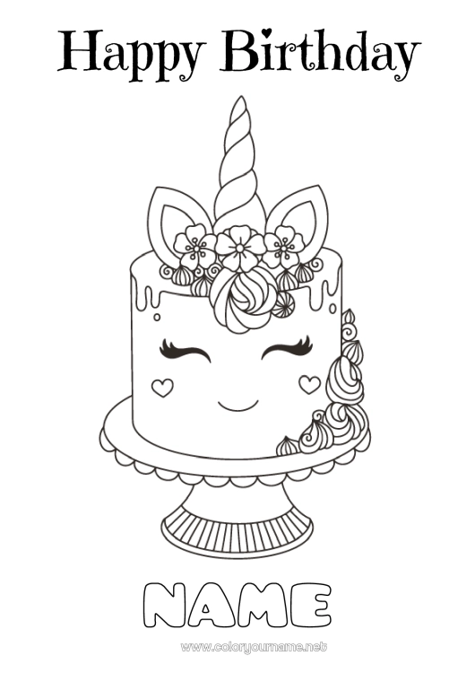 Coloring page to print Cake Birthday Kawaii Unicorn Happy Birthday (English) Message Dragons, unicorns and fantastic animals