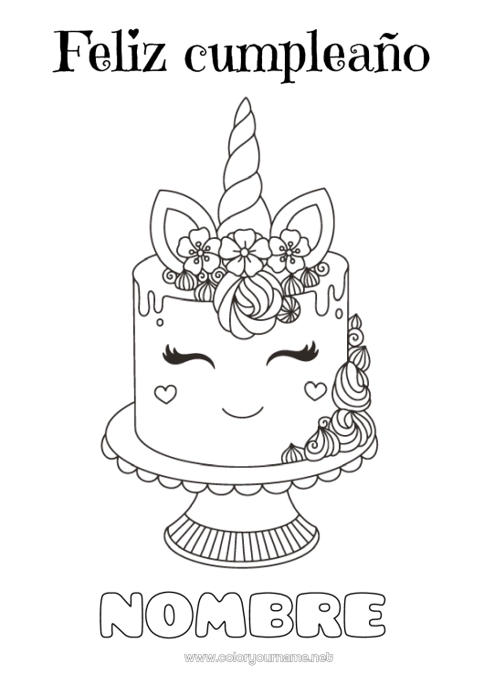 Dibujo para colorear para imprimir Tarta Cumpleaños Kawaii Unicornio Mensaje de feliz cumpleaños (inglés) Dragones, unicornios y animales fantásticos