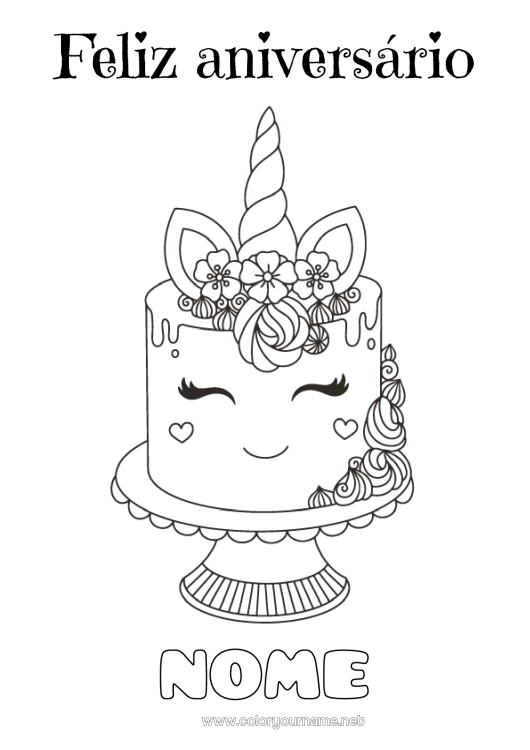 Página de desenho para imprimir Bolo Aniversário Kawaii Unicórnio Feliz aniversário (francês) Mensagem Dragões, unicórnios e animais fantásticos